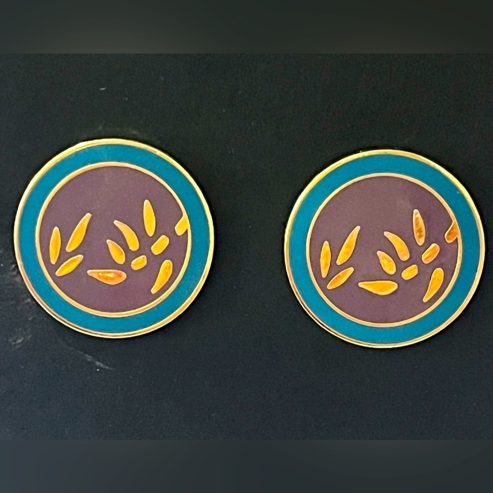 Laurel Burch Teal Purple Enameled GT Metal Bamboo Disk Post Pierced Earrings
